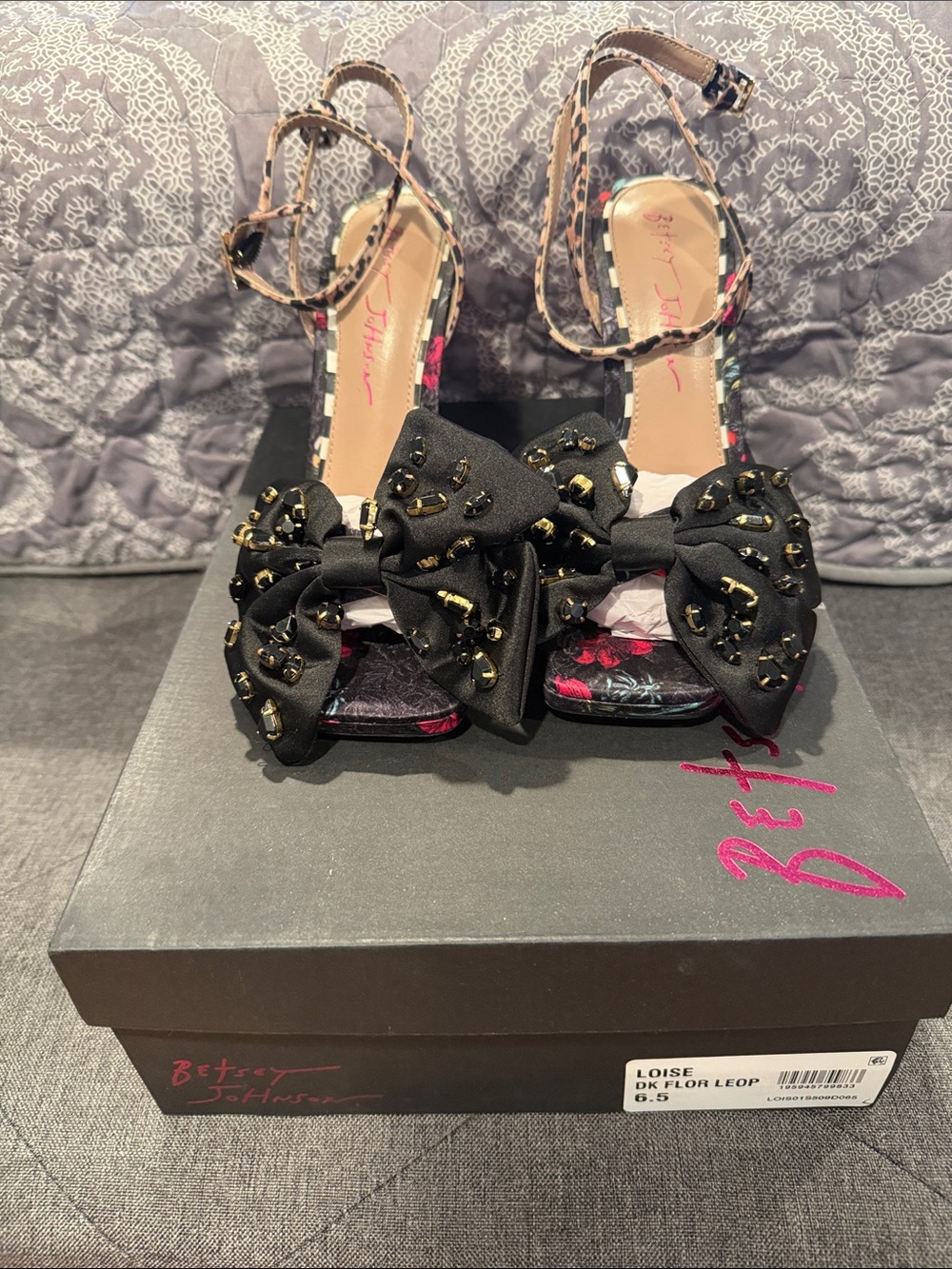 Betsey Johnson Black Bow Studded Floral Slingback Heels